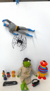 Lot 129 - Mixed Group lot vintage Kids Toys, incl Grappling Hook Batman, Sesame