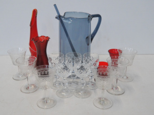 Lot 142 - Group lot of Art Glass & Crystal inc Mid Century Blue Lemonade Jug