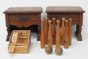 Lot 151 - Small group - old Wooden Skittles set w Ticket dispenser + pair Edward