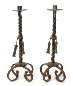 Lot 222 - Pair of Wrought Iron Candlesticks - Twisted column w two tassels &