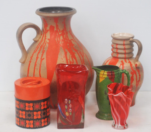 Lot 233 - Group Retro Colourful Glass and Ceramics, incl Large German Pots (larg
