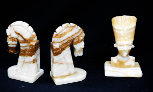 Lot 238 - 3 pces vintage carved Onyx inc Horse Bookends & Queen Nefertiti Bu
