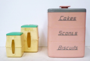 Lot 250 - Vintage Retro Pink Nelly Ware Bakelite Stackable Cakes Canisters &