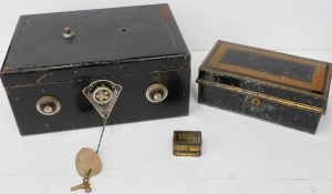 Lot 256 - 3pcs Vintage metal Safe & Cash Boxes inc Sage Box with Key &