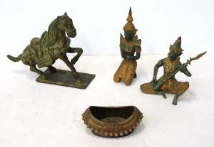 Lot 264 - 4 x Heavy Eastern metal items inc Thai Figures, Prancing horse Bowl -