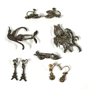 Lot 312 - Group Marcasite jewellery some marked Sil - 3 brooches & 3 pair ea