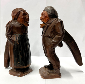 2 x 1950s Swiss carved wooden nutcrackers by Willi Huggler - man & woman