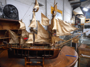 Wooden Scale Model of the HMS Bounty, 1783 with cut-away hull, 90cm long