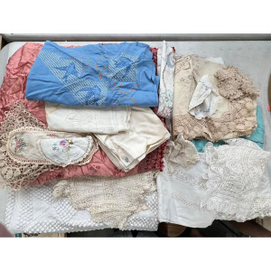 Lot 15 - Box lot vintage napery, linen, lace, doyleys, cloths, embroidery, bedsp