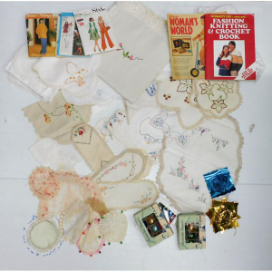 Lot 30 - Box lot of ladies vintage items inc Napery - Crocheted beaded jug cover