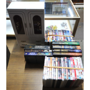 Lot 51 - Box Lot incl Mixed DVDs, Assorted Mystery Novels, Dolls House Dresser e