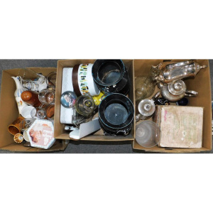 Lot 53 - 3 x Boxes Mixed items inc EPNS Teapots, Coffee pot, Royality China &