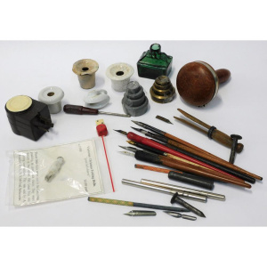 Lot 63 - Group lot of vintage items inc Dip Pens, Ink well liners, Victorian Xma
