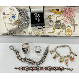 Lot 64 - Group mainly costume jewellery - charm bracelet, rosary, rings, bracele