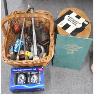 Lot 83 - Box Lot of Blokey Items incl Collingwood Merchandise, Large Wrenches, A