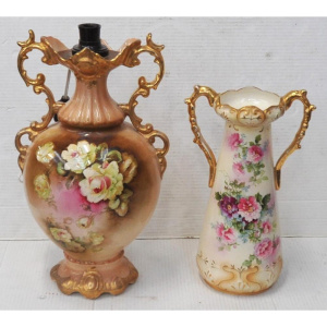 Lot 97 - 2 x pieces Edwardian Blush ware - Large vase converted to Lamp + Twin H