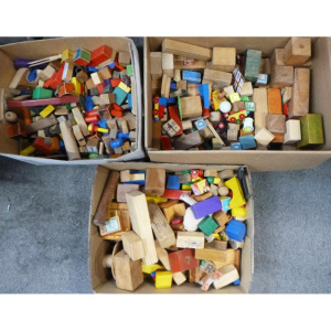 Lot 112 - 4 x Boxes Vintage Kids toys inc Wooden Building Blocks, Alphabet block