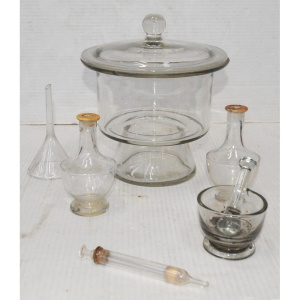 Lot 114 - Small Lot of Vintage Lab Glass Incl Glass Desiccators (AF), Glass Syri