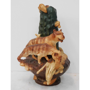 Lot 123 - Large vintage ceramic Vase - Cactus form with two mountain lions catc