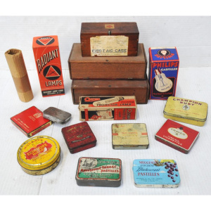 Lot 149 - Lot of Vintage Tins & Cases incl Cathedral Brand Antiseptic Throat