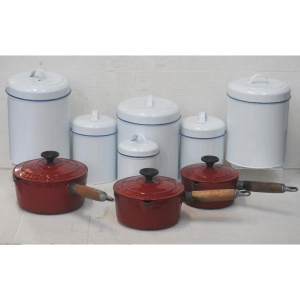Lot 157 - Lot of Cooking & Homewares incl Three Red Enamel Chasseur Cooking