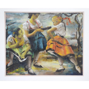 Lot 165 - Artist Unknown Mounted c1950-60s Modernist Oil painting - The Dancers