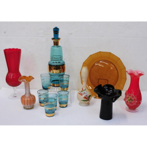 Lot 187 - Group lot vintage Coloured glass inc Teal & Gilt decanter set, Ame