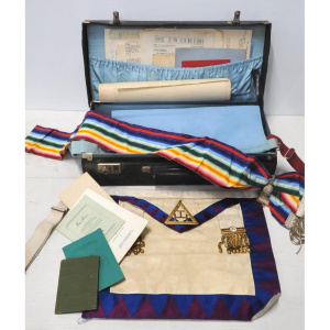 Lot 239 - Vintage Lot of Masonic Items incl Aprons, Regalia, Medallions , Manual