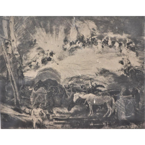 Lot 257 - Artist Unknown Framed c1900 Etching - Battle scene with Artillery in f