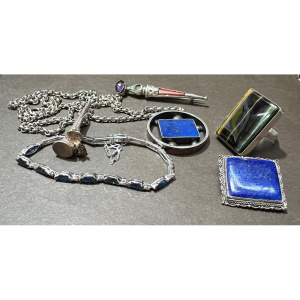 Lot 270 - Group mainly Jewellery some marked silver - lapis brooch, pendant on c