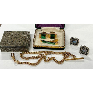 Lot 271 - Group - vintage gplated Fob chain with bar, Opal, Malachite Cufflinks,