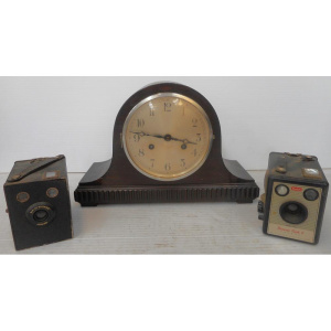 Lot 306 - Group lot incl 1930s Mantle Clock, Kodak Brownie Flash II, Brownie Jun