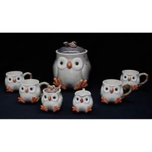 Lot 313 - 1970s Japanese Fitz & Floyd Owl Set - inc Cookie Jar, Four mugs, C