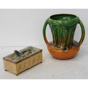 Lot 329 - 2 pces Australian Pottery inc Shelmar Vase - green & tan glaze - b