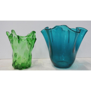 Lot 331 - 2 x Vintage Freeform Coloured Art Glass Vases - Green & Turquoise