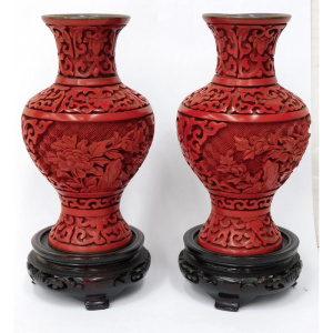 Lot 332 - Pair Oriental Red Cinnabar vases with carved stands 13cm H