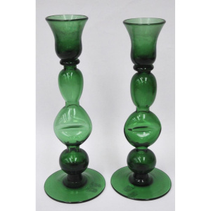 Lot 346 - Pair Mid Century Modern green Art Glass Candlesticks - 28cm H each