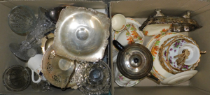 2 x Boxes mixed inc 1930s Grindley part dinner set, crystal vases, EPNS teapot,
