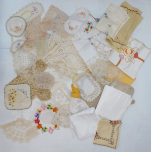 Box lot vintage napery inc doleys - embroidered, crocheted, lace, Supper & t