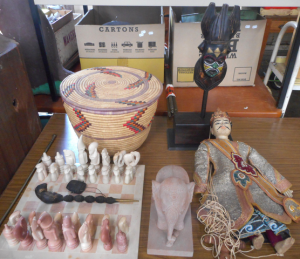 Group lot Eastern Items, incl African Carved stone chess set, Indian puppet, wov