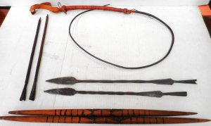 Group lot metal and wood items, incl spear head, whip handle, etc