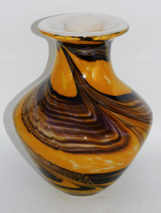 Large vintage heavy Kamei Japanese Art Glass Vase - Yellow, Purple & Black s