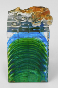 Signed Chinese Glasss Paperweight Square blue& green glass with carved drago