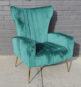 Modern retro style Artiss Green velvet upholstered Arm Chair - gilt metal splaye