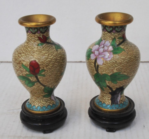 Pair small Vintage oriental Cloisonne Vases - Pink floral design to front on a l