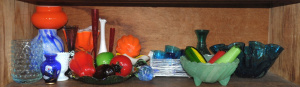 Shelf Lot of Coloured Glass incl Imitation Fruit, Bowls, Vases, Cups etc