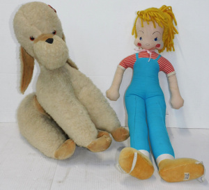 2 x Vintage English Marrythought Large Soft Toys inc Seated Poodle 22 L (missing