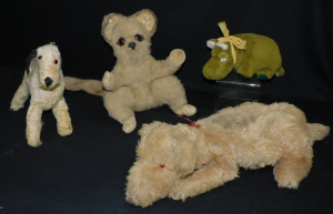 4 x Vintager Merrythought soft toys inc Green Hippo, Terrior Dog (af), Dog pyjam
