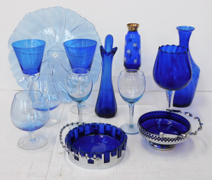 Group lot of Blue Glasss inc Brandy Balloons, Finger Vase, Gilt & Enamel vas