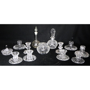 Group Lot Crystal & Glass - incl Candlesticks, Trinket Boxes, Perfume &